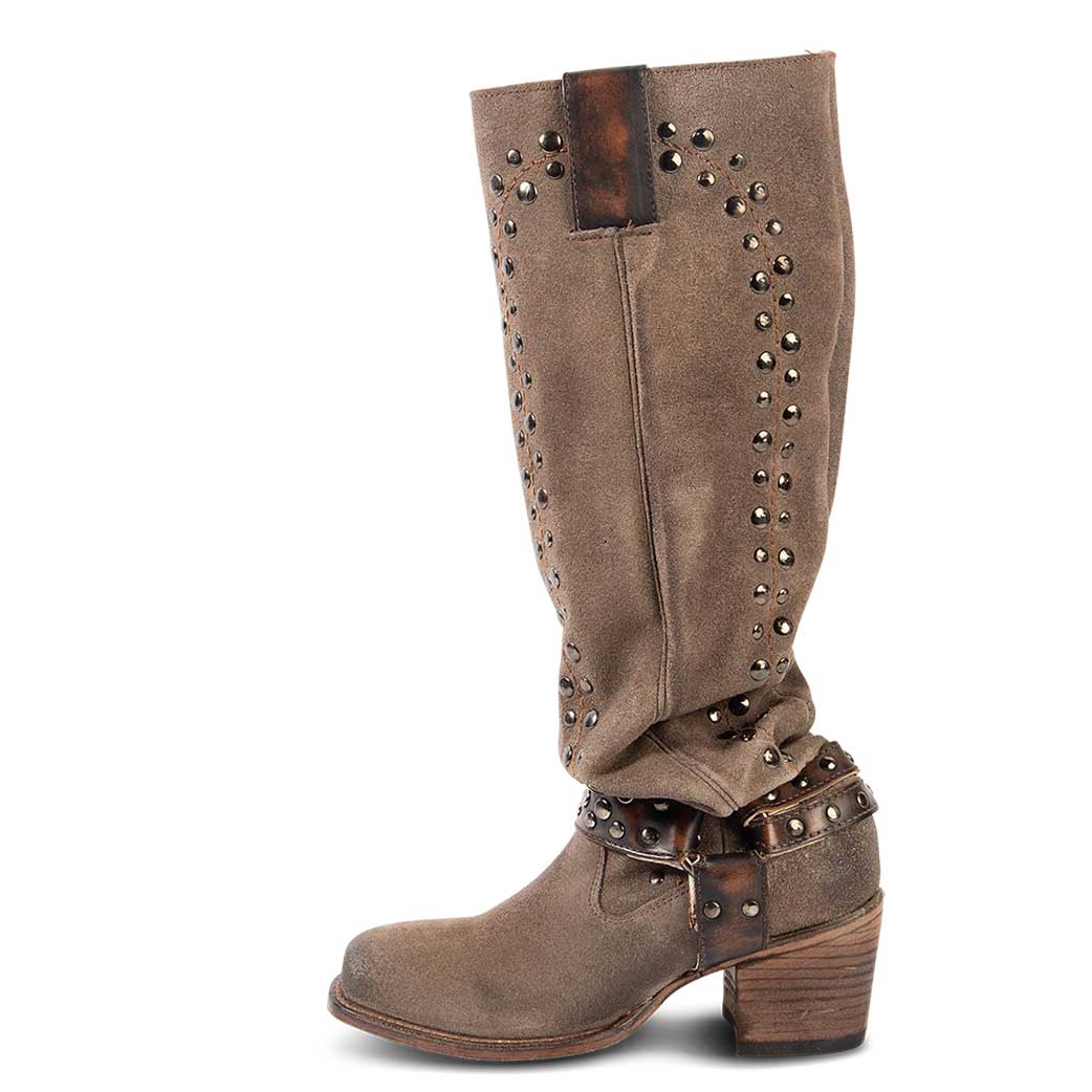 Taupe Faux Suede Square Toe Chunky Heel Studded Knee High Boots