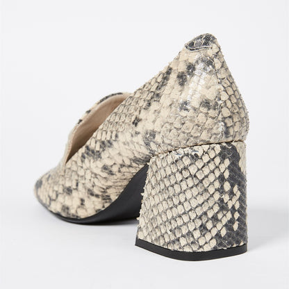 Beige Python Square Toe Heeled Loafers with Metal Ring