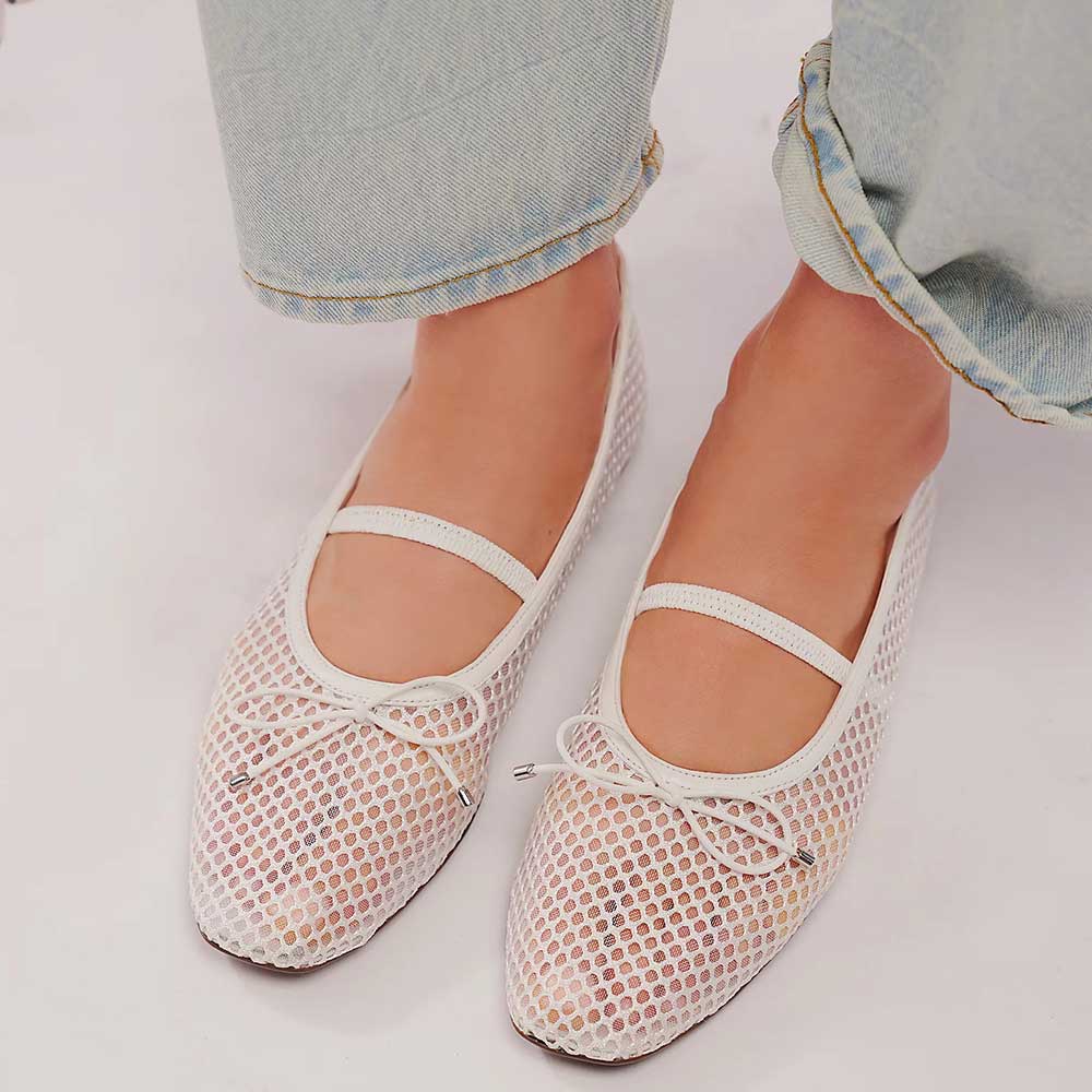 White Mesh Sophisticated Buckle Strap Comfy Ballet Flats for Women