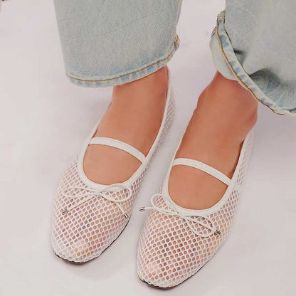 White Mesh Sophisticated Buckle Strap Comfy Ballet Flats for Women