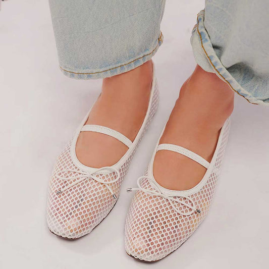 White Mesh Sophisticated Buckle Strap Comfy Ballet Flats for Women
