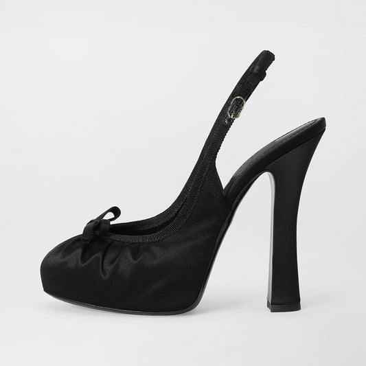 Black Satin Bow Decor Round Toe Pleated Platform Slingback Heels