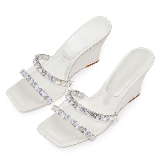 White Satin Square Toe Crystal Embellished Wedge Heel Mules Sandals