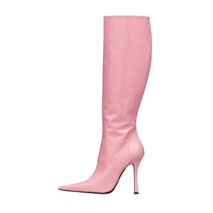 Pink Patent Pointed Toe Stiletto Heel Knee High Boots with Zipper