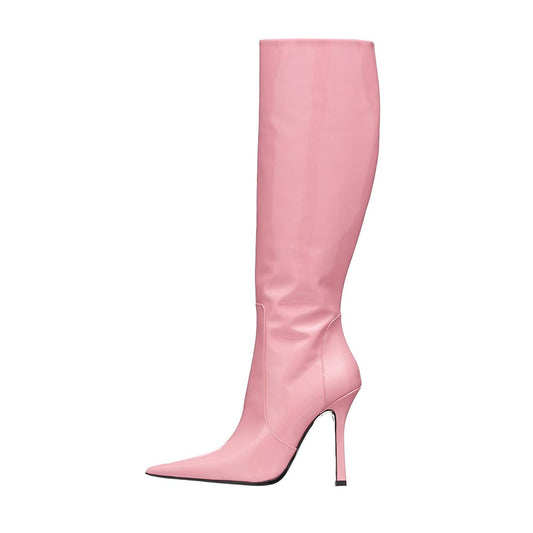 Pink Patent Pointed Toe Stiletto Heel Knee High Boots with Zipper