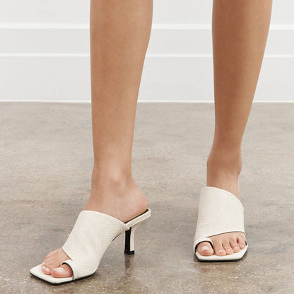 Beige Bone Snake Print Toe Ring Mules Sandals with Kitten Heel