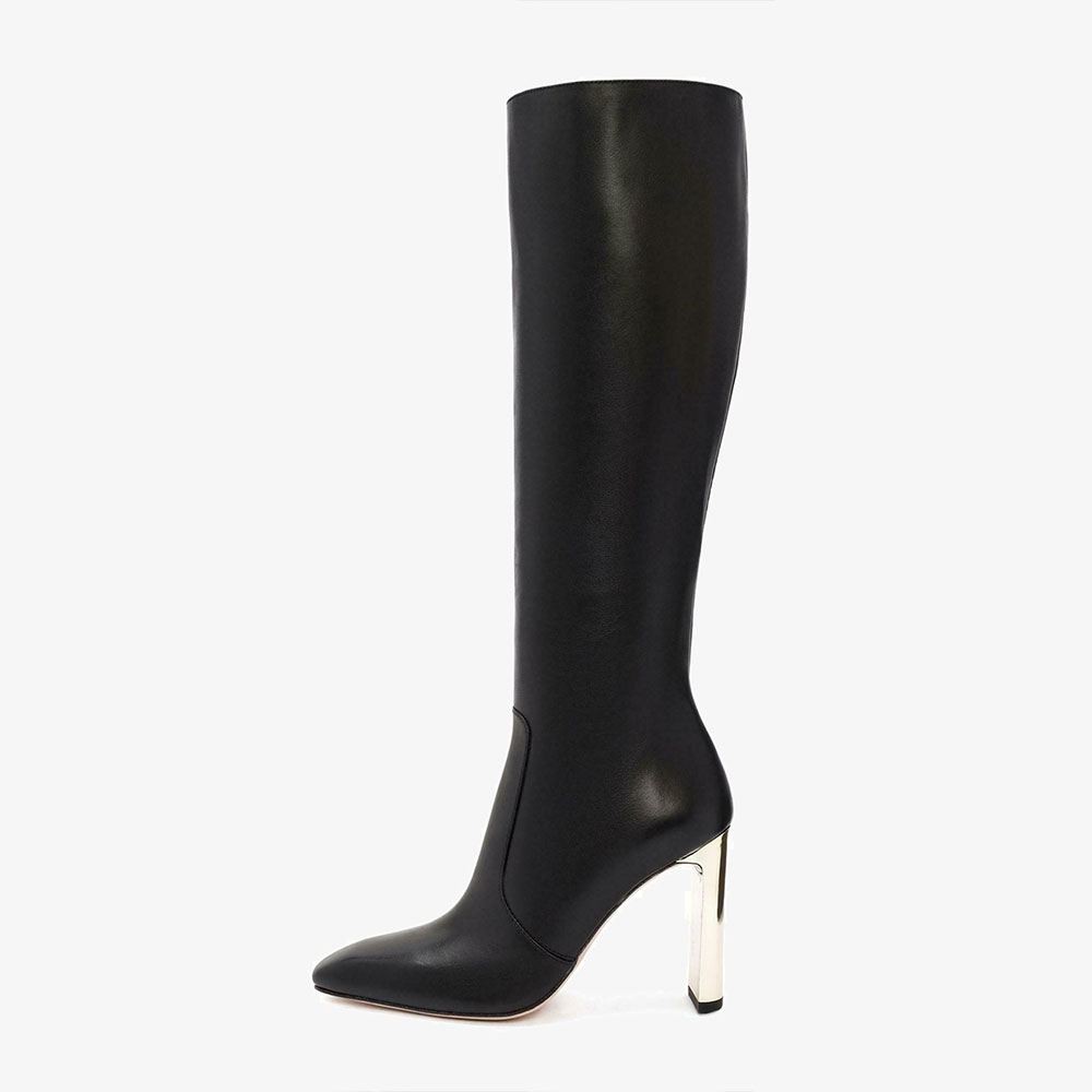 Black Square Toe Metallic Chunky Heel Zipper Knee High Boots for Women
