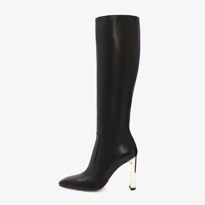 Black Square Toe Metallic Chunky Heel Zipper Knee High Boots for Women