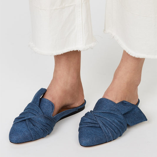 Blue Denim Flats Almond Toe Knotted Mule Loafers for Women