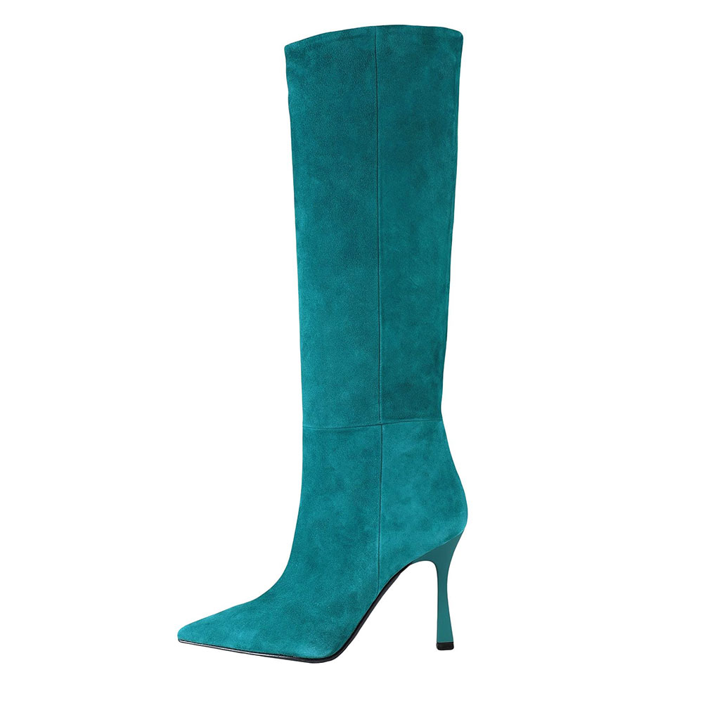 FSJ Teal Vegan Suede Pointed Toe Flared Heel Knee High Boots