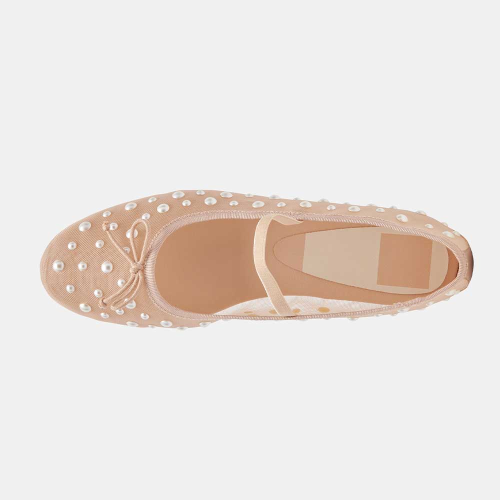 Nude Round Toe Bow Decor Mesh Flats with Pearl Embellished