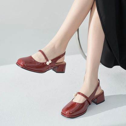 Maroon Patent Leather Square Toe Chunky Heel Slingback Loafers