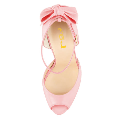 Women's Light Pink Vegan Leather Peep Toe Bow Inlay Ankle Strap Pumps