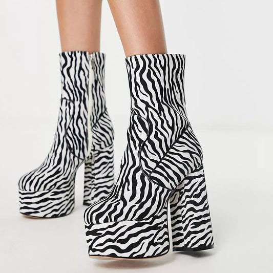 Black & White Zebra Ankle Booties Platform Chunky Heel Boots