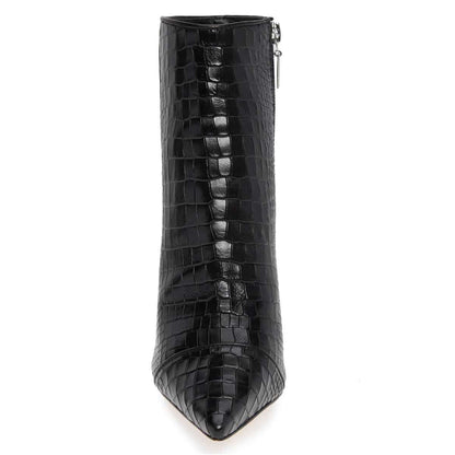 Black Croco Embossed Booties Pointed Toe Stiletto Heel Ankle Boots