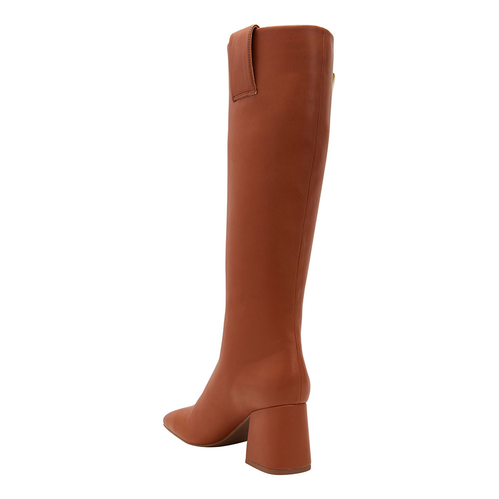 Brown Square Toe Chunky Heel Hardware Pull-On Knee High Boots