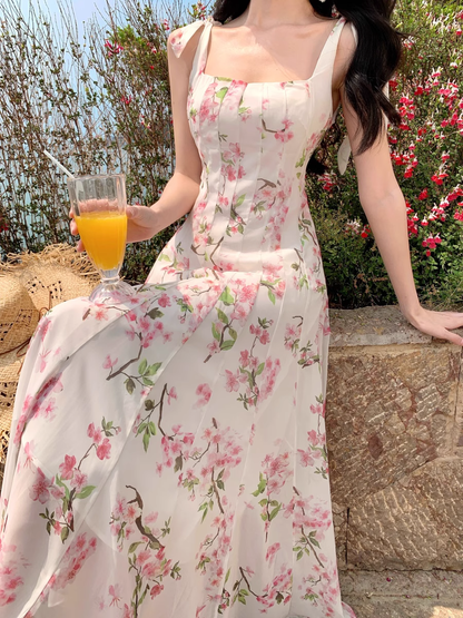 Simple Fashion Pink Floral Design A-line Beach Holiday Spaghetti Strap Dress TP3535