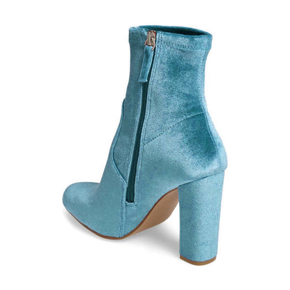 Women's Teal Velvet Chunky Heel Ankle Boots with Zipper