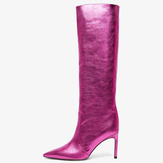 Fuchsia Metallic Pointed Toe Stiletto Heel Wide Calf Knee High Boots