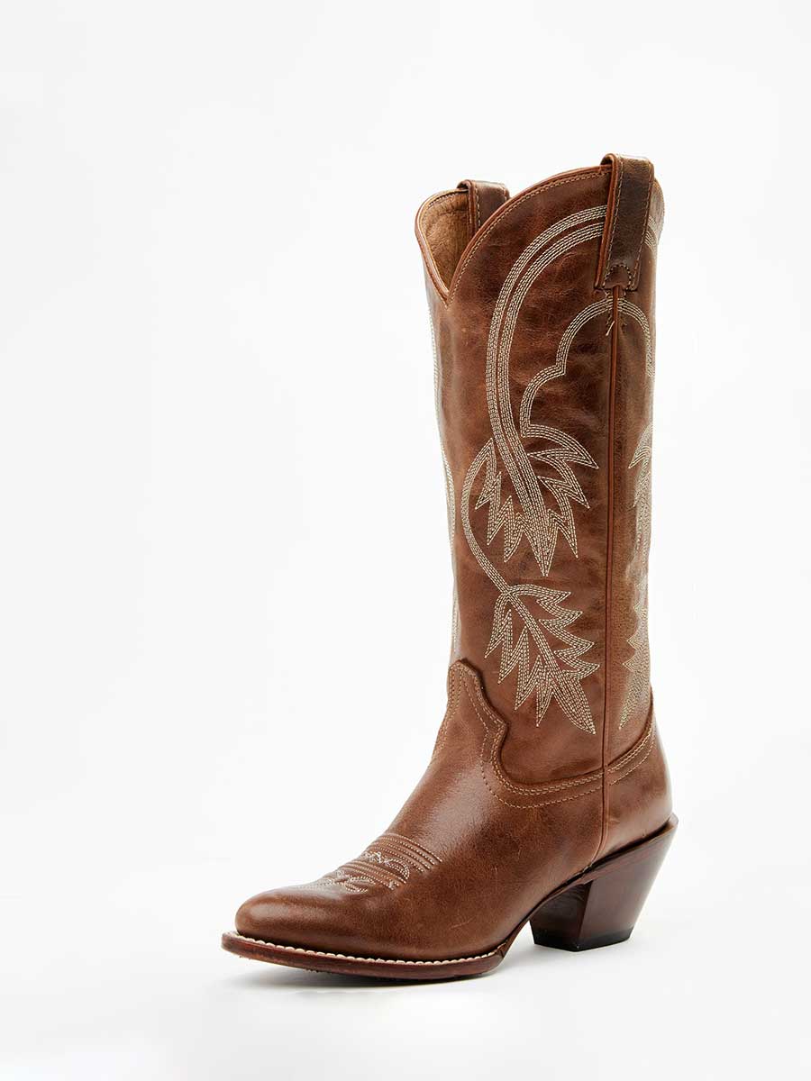 Brown Vegan Leather Embroidered Wide-Calf Lady's Knee High Boots