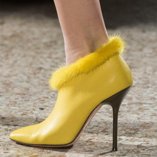 Yellow Pointed Toe Faux Fur Trim Stiletto Heel Fashion Ankle Boots
