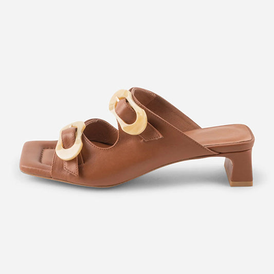 Vegan Leather Double Buckle Chunky Heel Mules Sandals in Tan