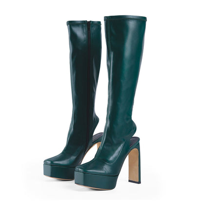 Dark Green Square Toe Backless Chunky Heel Platform Knee High Boots