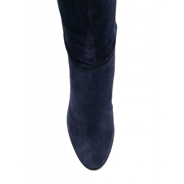 Women's Vegan Suede Round Toe Chunky Heel Knee High Boots in Navy