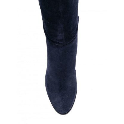 Women's Vegan Suede Round Toe Chunky Heel Knee High Boots in Navy