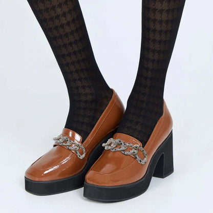Women's Brown Square Toe Rhinestone Chain Accent Chunky Loafers