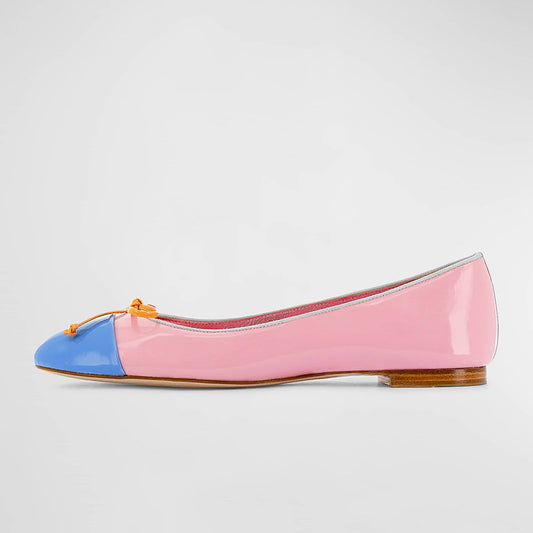 Pink Patent Leather Slip-On Bow Ballet Flats with Blue Toe Cap