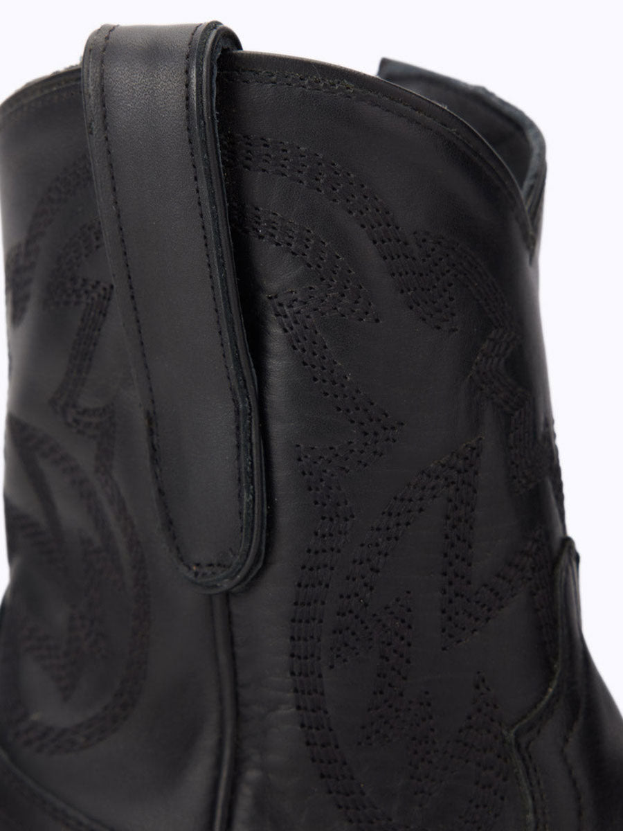 Black Snip Toe Embroidered Cowgirl Ankle Boots with Block Heel