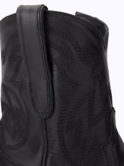 Black Snip Toe Embroidered Cowgirl Ankle Boots with Block Heel