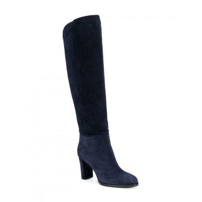 Women's Vegan Suede Round Toe Chunky Heel Knee High Boots in Navy