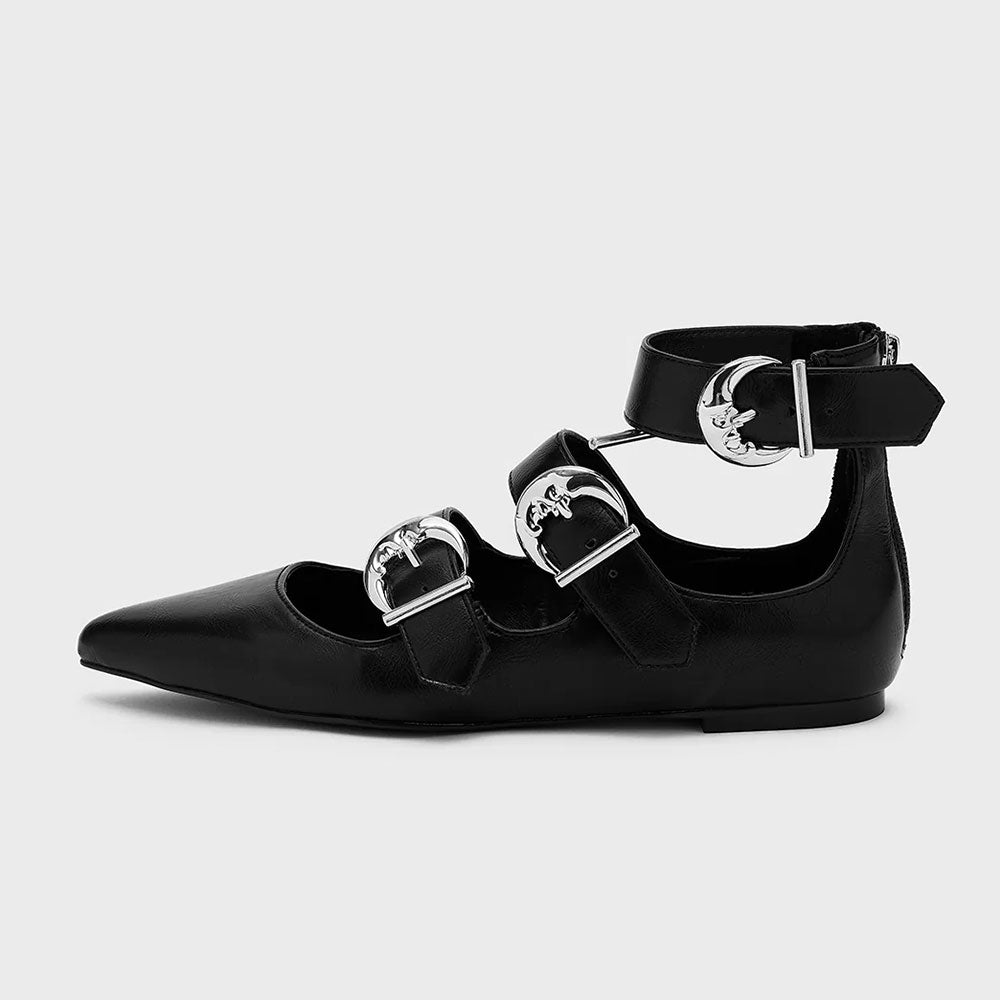 Black Zipper Vegan Leather Triple Buckle Strap Pointed Toe Flats