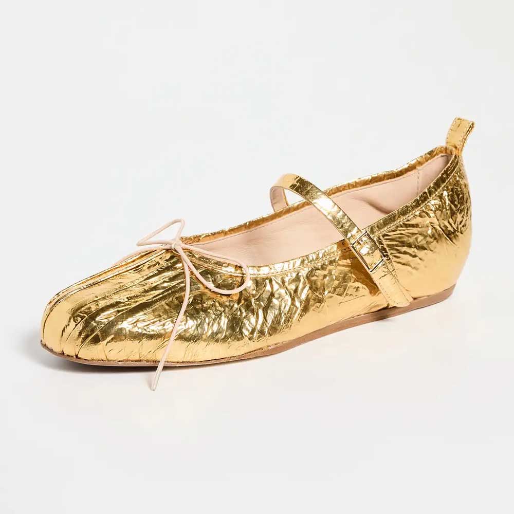 Gold Crinkled Metallic Finish Pleated Round Toe Bow Ballet Flats
