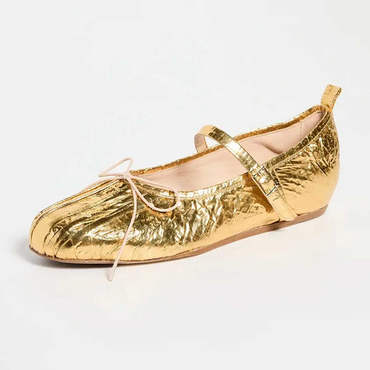 Gold Crinkled Metallic Finish Pleated Round Toe Bow Ballet Flats
