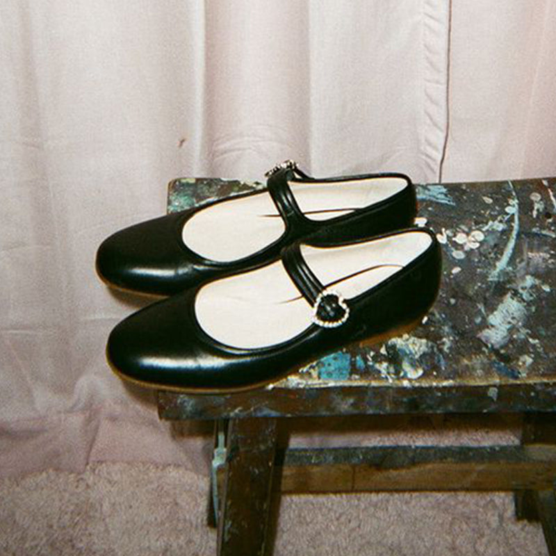 Classic Black Round Toe Heart Rhinestone Buckle Mary Jane Flats