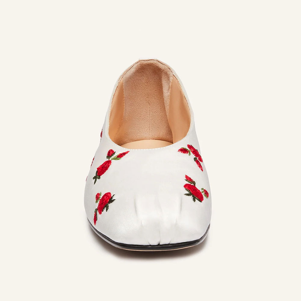 White Satin Round Toe Flower Embroidered Ballet Flats for Women
