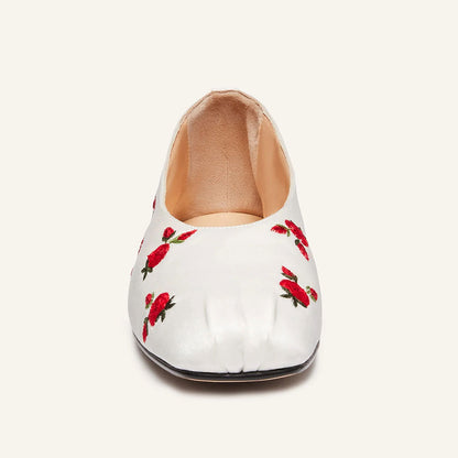 White Satin Round Toe Flower Embroidered Ballet Flats for Women
