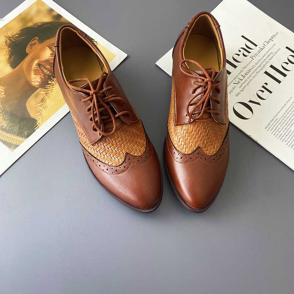 Brown Vegan Leather Round Toe Flat Lace Up Woven Inlay Oxford Shoes