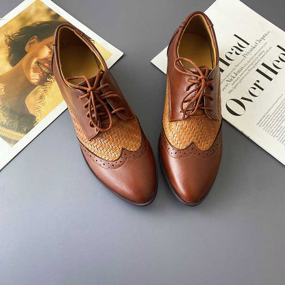 Brown Vegan Leather Round Toe Flat Lace Up Woven Inlay Oxford Shoes