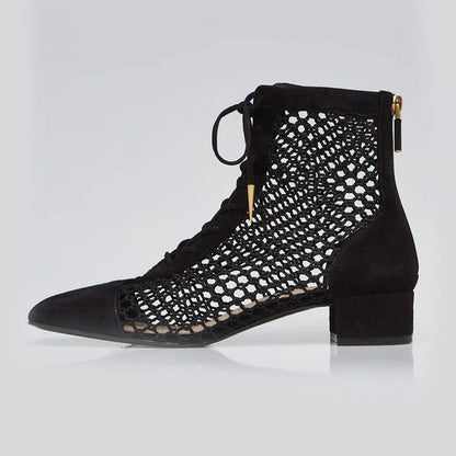 Black Nets Lace Up Summer Booties Block Heel Ankle Boots