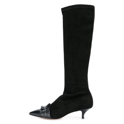 Women's Ruffled Pointed Toe Slip On Kitten Heel Boots in Black