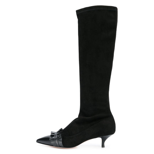 Women's Ruffled Pointed Toe Slip On Kitten Heel Boots in Black