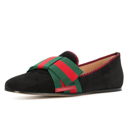 Black Square Toe Red & Green Striped Strap Flat Women's Loafers