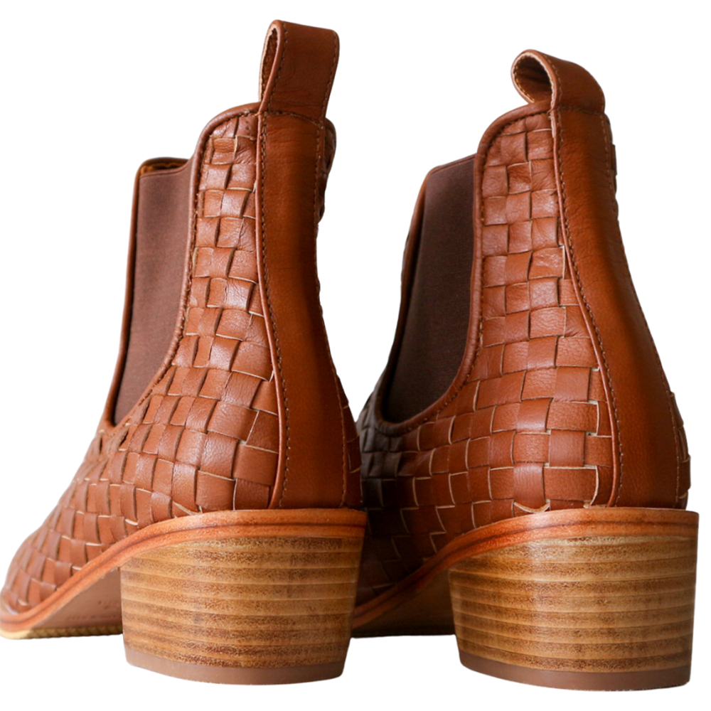 Brown Woven Detail Round Toe Chunky Heel Short Boots for Women