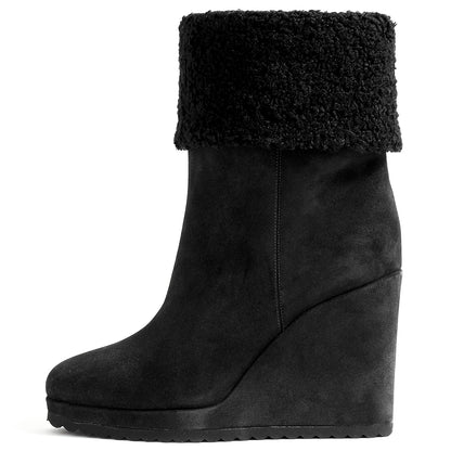 Women's Vegan Suede Round Toe Fuzzy Fold Over Wedge Boots in Black