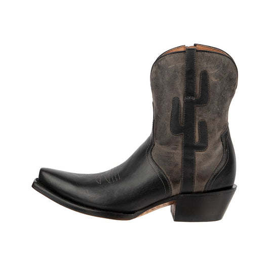 Black & Taupe Snip Toe Patchwork Zip Distressed Cowgirl Ankle Boots