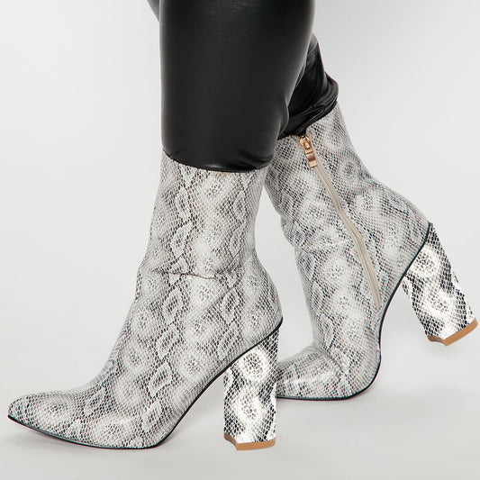 Women's Python Embossed Chunky Heel Fashion Ankle Boots with Zipper